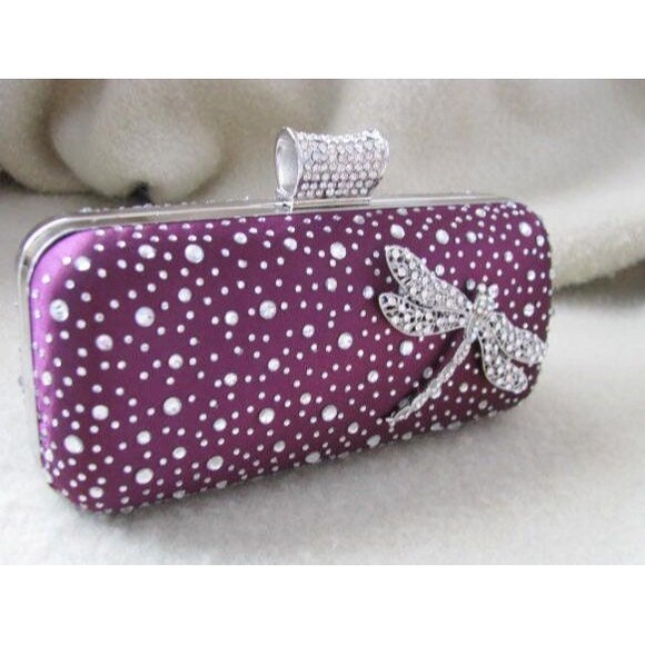 purple bridal clutch embellished with Rhinestone Dragonfly - Picture 1 of 5